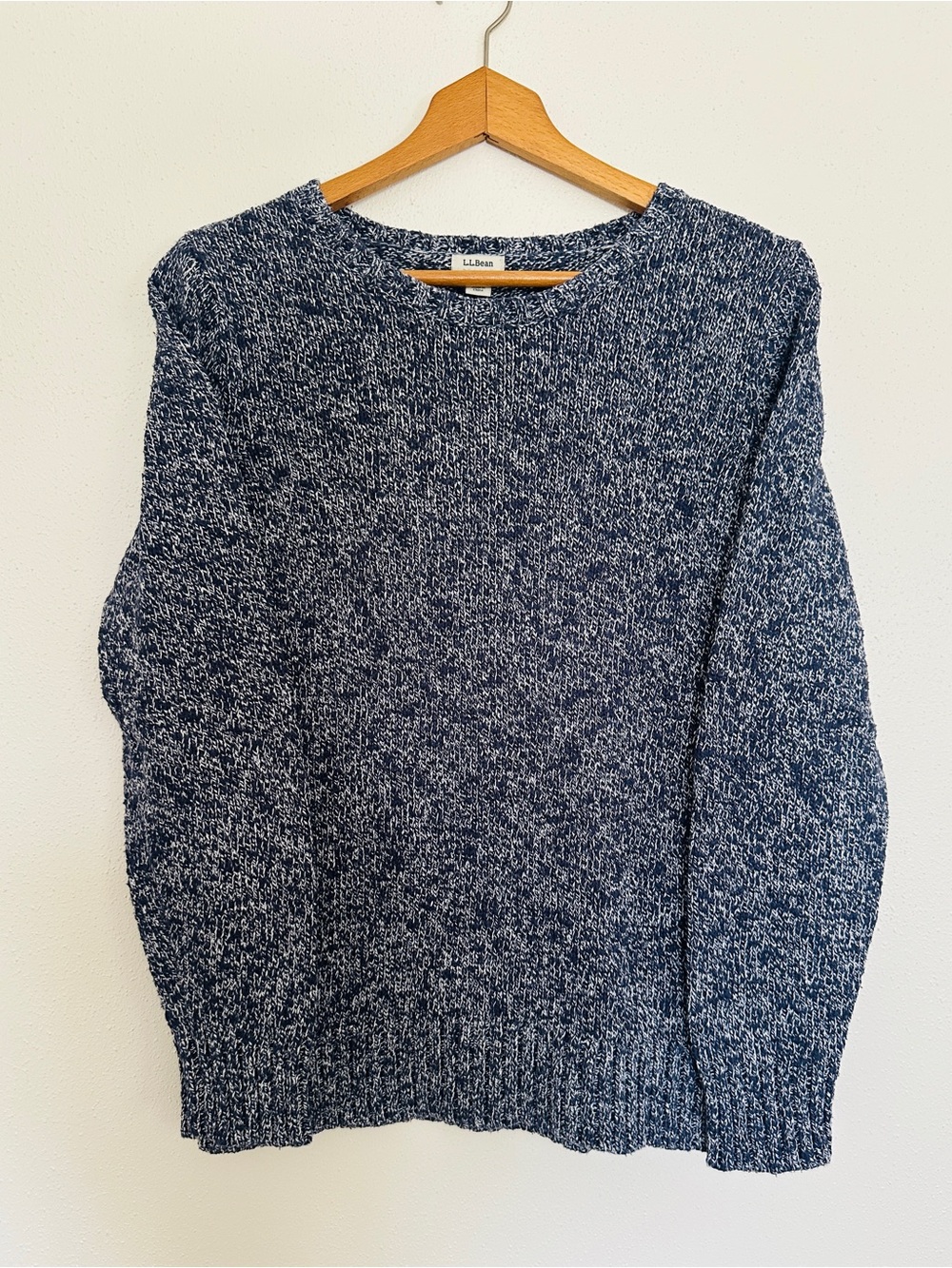 L.L. Bean 100% Cotton Ragg Knit Crewneck Sweater Blue White Marled Medium